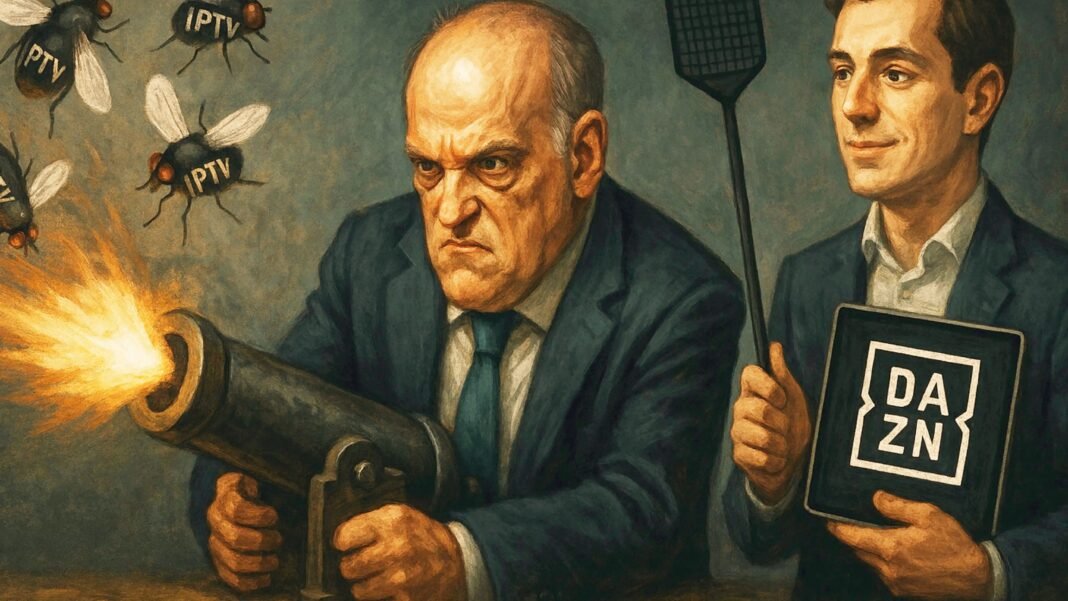 Mientras Javier Tebas “mata moscas a cañonazos” con las IPTV, DAZN tiene una estrategia más eficaz e inteligente que no daña a los usuarios Mientras Javier Tebas “mata moscas a cañonazos” con las IPTV, DAZN tiene una estrategia más eficaz e inteligente que no daña a los usuarios