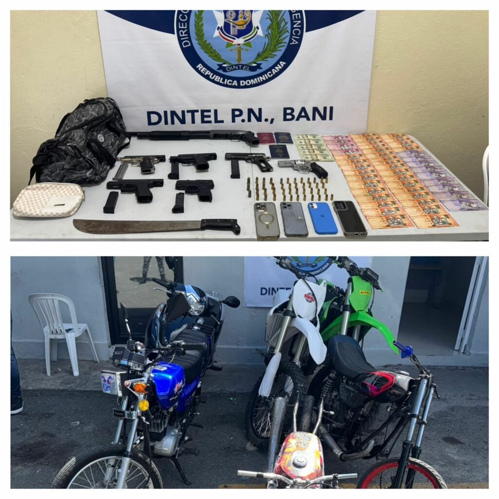 Policía y MP ocupan armas de fuego, motocicletas y dinero en tres allanamientos realizados por DINTEL en Baní