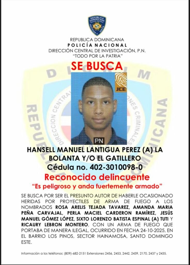 Policía Nacional activa búsqueda de “La Bolanta”, señalado como presunto autor de tiroteo que dejó seis personas heridas durante conflicto social en fiesta clandestina en Hainamosa, SDE Policía Nacional activa búsqueda de “La Bolanta”, señalado como presunto autor de tiroteo que dejó seis personas heridas durante conflicto social en fiesta clandestina en Hainamosa, SDE