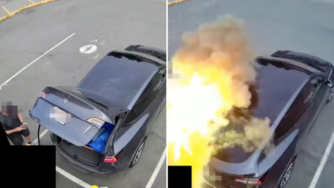 Registran en vídeo la explosión de un cargador para coche eléctrico segundos después de conectar un Tesla Registran en vídeo la explosión de un cargador para coche eléctrico segundos después de conectar un Tesla