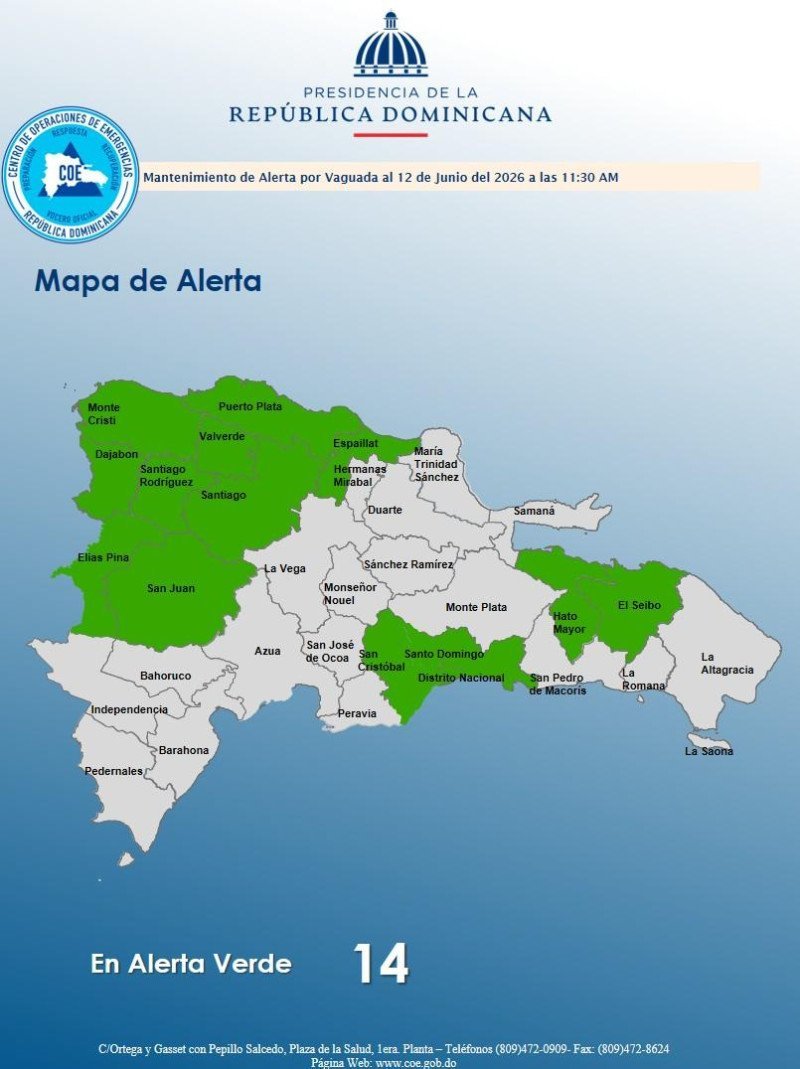 COE mantiene 14 provincias en alerta verde por aguaceros